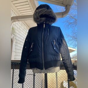 Seventy Seven Black Satin Sateen Bomber Jacket Faux Fur Hood Utility Jacket Y2K